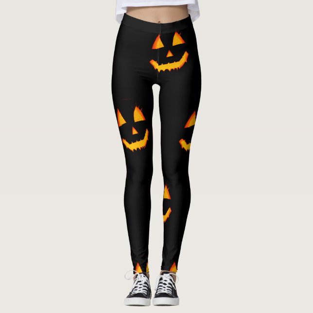 Växla jack-o-lattern ansikte på svart halloween leggings (Framsida)