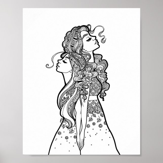 Växla tillsammans - Mor Dotter Line Art Porträtt Poster (Framsidan)