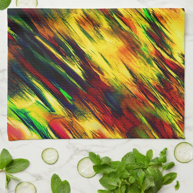 Växlade nedfläckader från rött till gult, lite grö kökshandduk (Vikta)