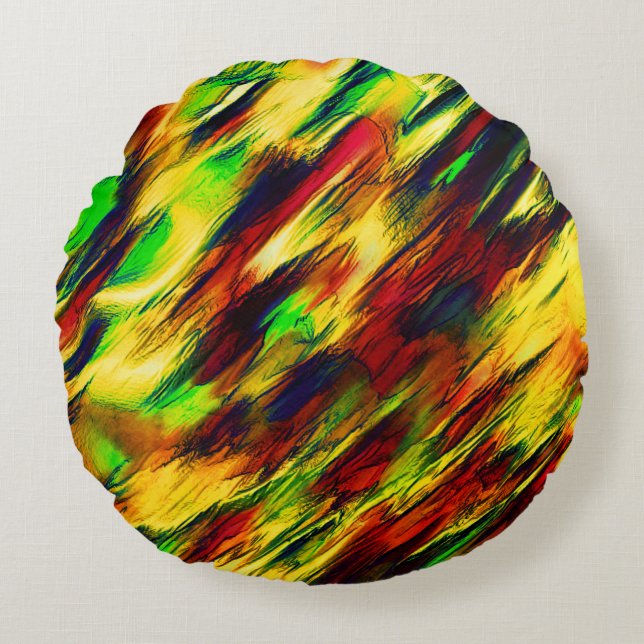 Växlade nedfläckader från rött till gult, lite grö rund kudde (Framsidan)