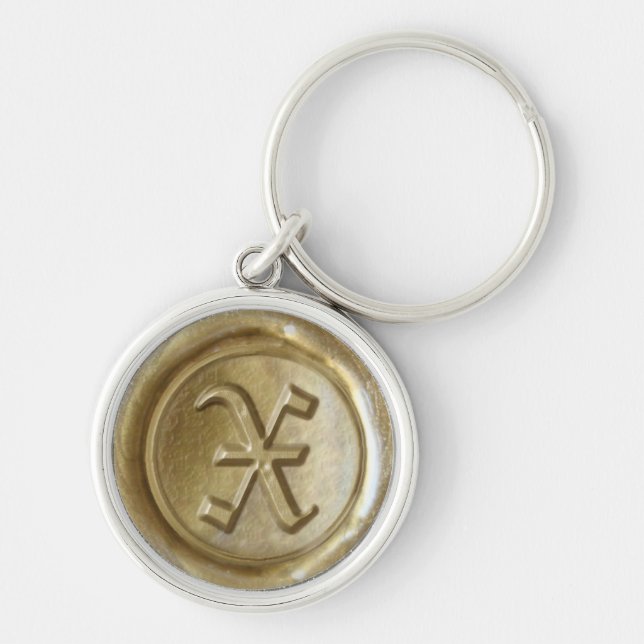 Vaxsigillmonogram - Guld - Gammalengelska X - Rund Silverfärgad Nyckelring (Framsidan)