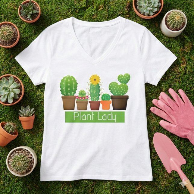 Växt Dam Kaktus Sukkulent Vit T-Shirt (Showcase your passion for gardening with a plant lady t-shirt featuring succulent artwork.)