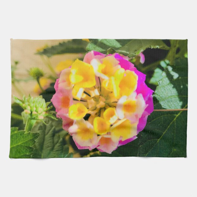 Växt för kökshanddukrosa- och gultblomma kökshandduk (Horisontell)
