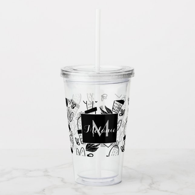 Växt Kaktus Klotter Handritad Namn  Monogram    Take Away Mugg (Framsida)