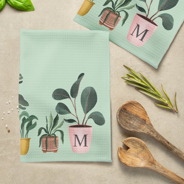 Växtälskare Chic Akvarell Krukväxter Monogram Kökshandduk (Plant Lover Chic Watercolor Potted Plants Monogram Kitchen Towel)