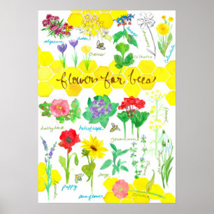 Växtblommor för bihoneycomb Vattenfärg Poster