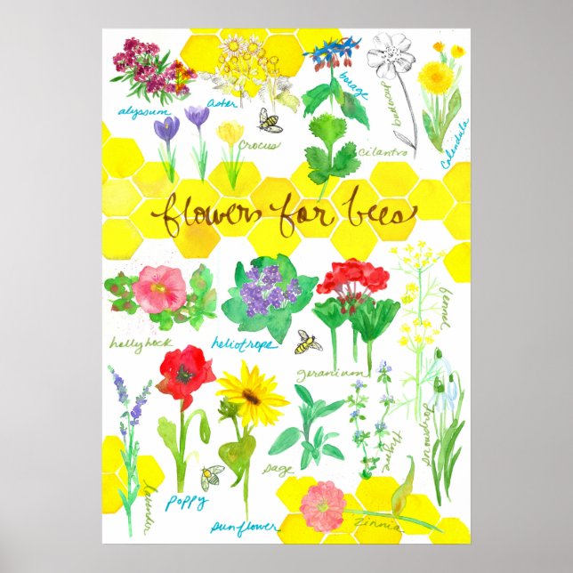Växtblommor för bihoneycomb Vattenfärg Poster (Framsidan)