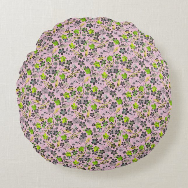 Växter mönster A03.b Lpink BG Rund Kudde (Framsidan)