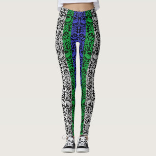 Växter mönster Blue och Grönt A07.b Black BG Leggings