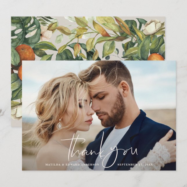 Växtextremt tack för bröllopsfoto med citrusmotiv kort (Fram/baksida)