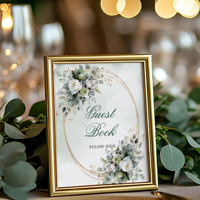 Växthusakvarell Gästbok Bordsskylt Poster (Greenery Watercolor Guest Book Tabletop Sign)