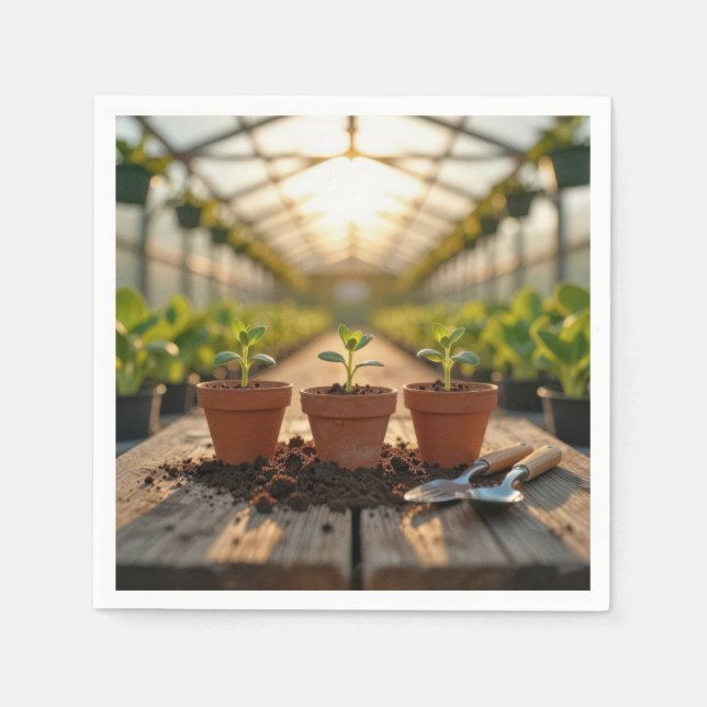 Växthusväxtplantor i lerkrukor pappersservett (Framsidan)
