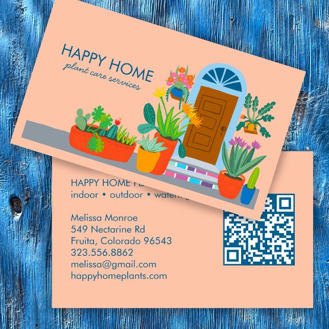 Växtvårdsinrättningen Sitta Cute Front Door QR-kod Visitkort (Plant Care Plant Sitting Housesitting Home Services Cute Front Door Custom QR Code Business Card
)