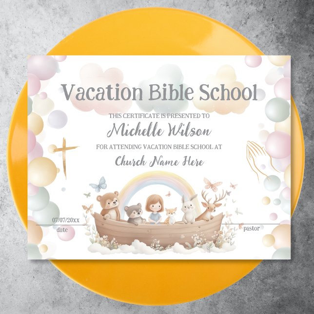 VBS Certificate Vacacing Bible School (noah's arc children illustration in pastel colors)