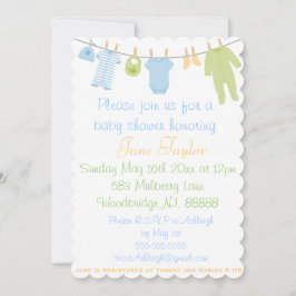 Veckad blå & grön babykläder baby shower inbjudningar