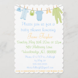Veckad blå & grön babykläder baby shower inbjudningar