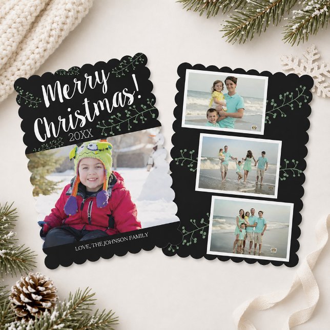 Veckade julgranar barn foto julkort (Scalloped Christmas Berries Kids Photo Holiday Card)