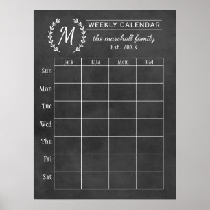 Veckokalender för familj med kritskriftsmonogram poster