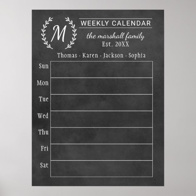 Veckokalender för familjen med monogram på svart t poster (Framsidan)