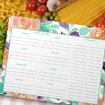 Veckomålsplan och Livsmedel lista - Blommigt Anteckningsblock<br><div class="desc">Utformning av vattenfärgen med blommigt med veckomålsplanering och livsmedel-lista. Söt ro och löv i nyans,  lila och aprikos ram varje sida. Det finns ett utskriftsutrymme där du kan skriva måltider för varje veckodag,  anteckningar i extra och en lista med två kolumner i livsmedel.</div>