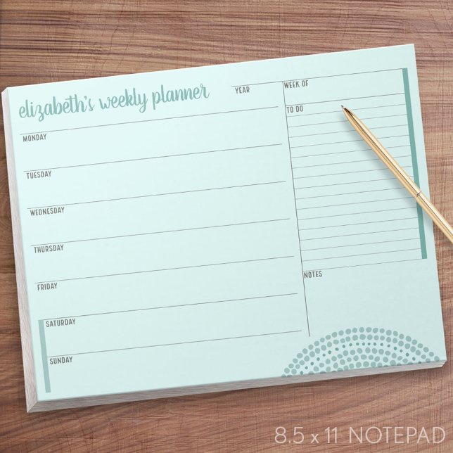 Veckoplanering med eget namn - teal grönt anteckningsblock (Weekly Planner Notepad - Personalized)