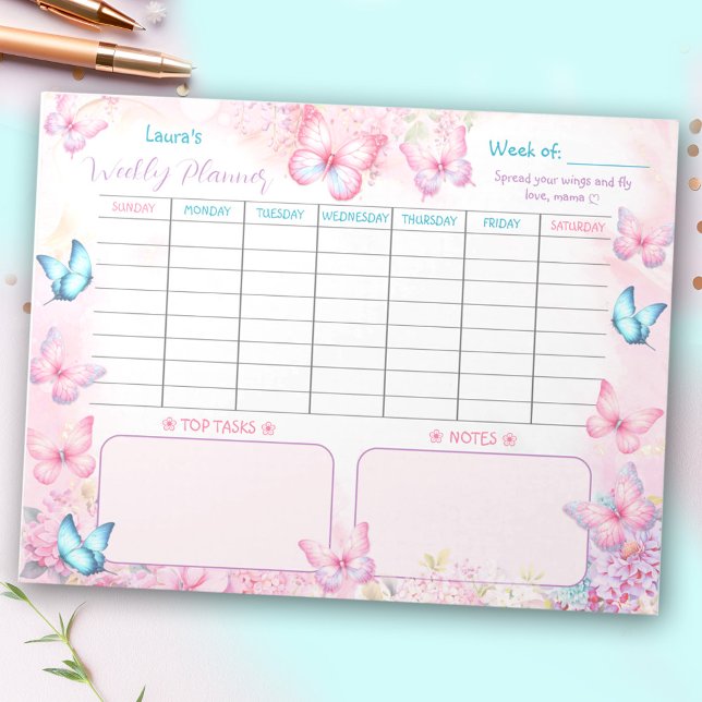 Veckoplanner Butterfly Rosa Lila Blommigt Namn Anteckningsblock (Weekly Planner Butterfly Pink Purple Floral Name Notepad)