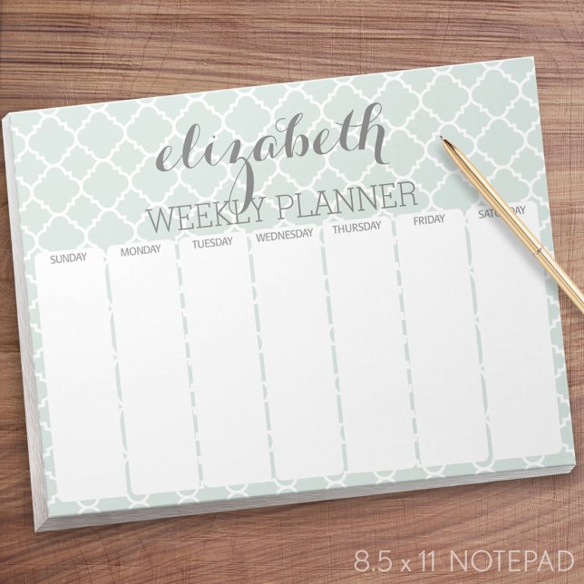 Veckoplanner Mint & Grått Quatrefoil Mönster Anteckningsblock (Weekly Planner Notepad - Personalized)