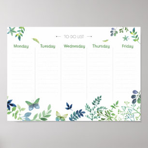 Veckoschema att göra-lista grön akvarell blomster poster