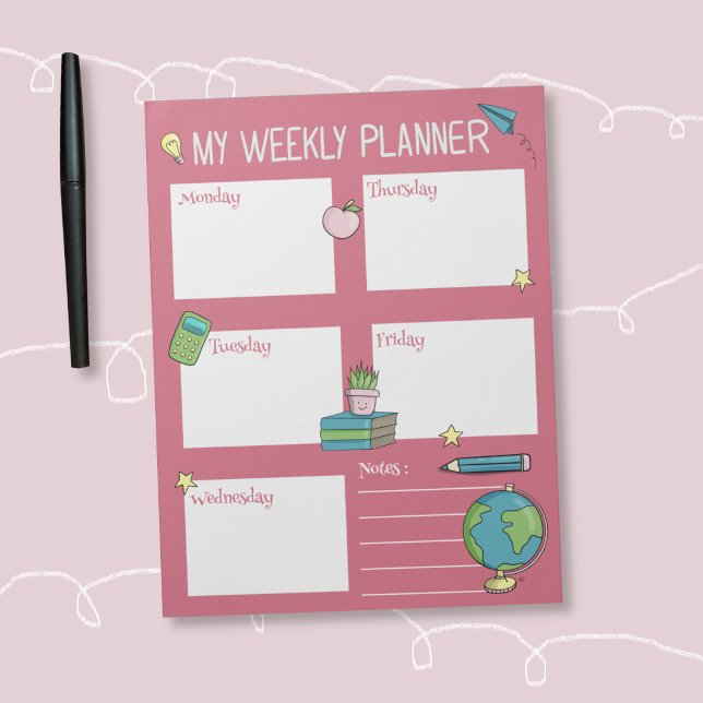 Veckoschema för barn Rosa anteckningsblock (Cute kids weekly planner to help them stay on track .)