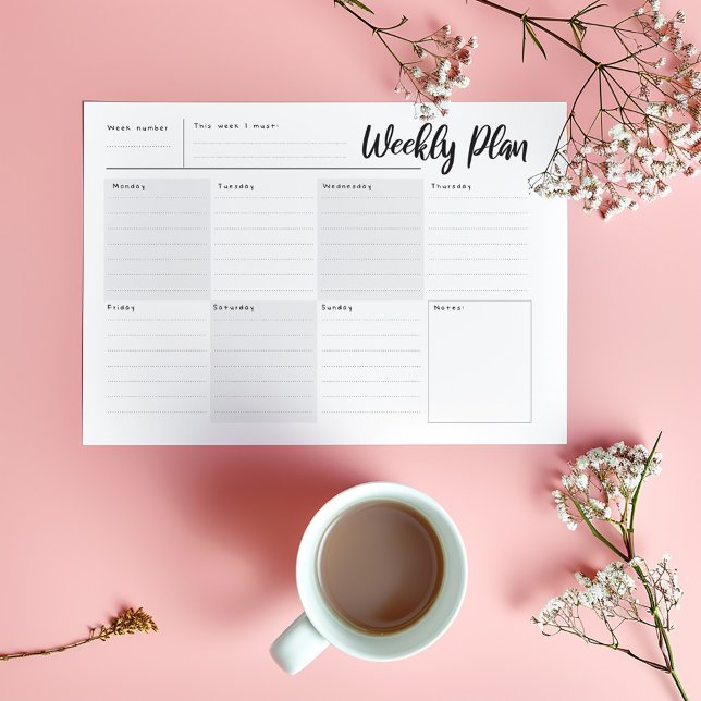 Veckovis, dag för dag Organizer-Anteckningsblock Anteckningsblock (Minimalist weekly planner pad with black script header, daily sections, and notes box.)