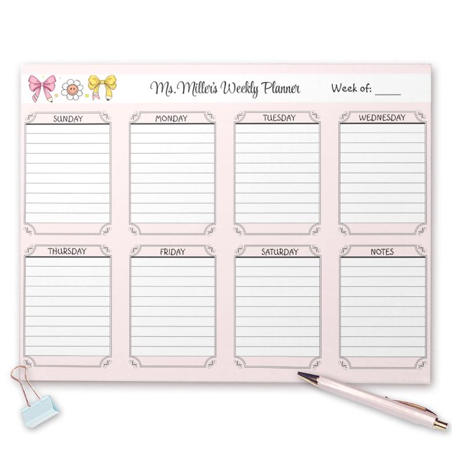 Veckovis planerare Rosa School Teacher Namn Tear A Anteckningsblock (Weekly Planner Pink School Teacher Name Tear Away Notepad)