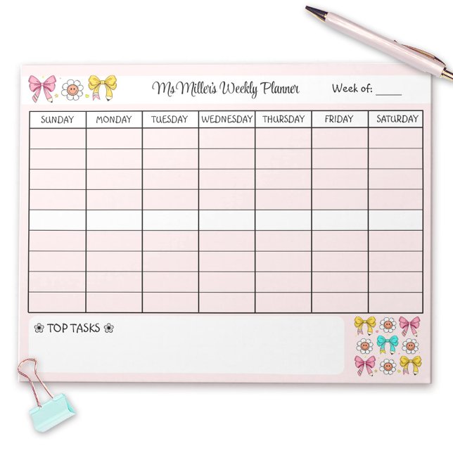 Veckovis planner Cute School Teacher Namn på väg Anteckningsblock (Weekly Planner Cute School Teacher Name Tear Away Notepad)