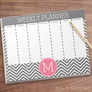 Veckovis planner Grått & Rosa Chevrons med Monogra Anteckningsblock