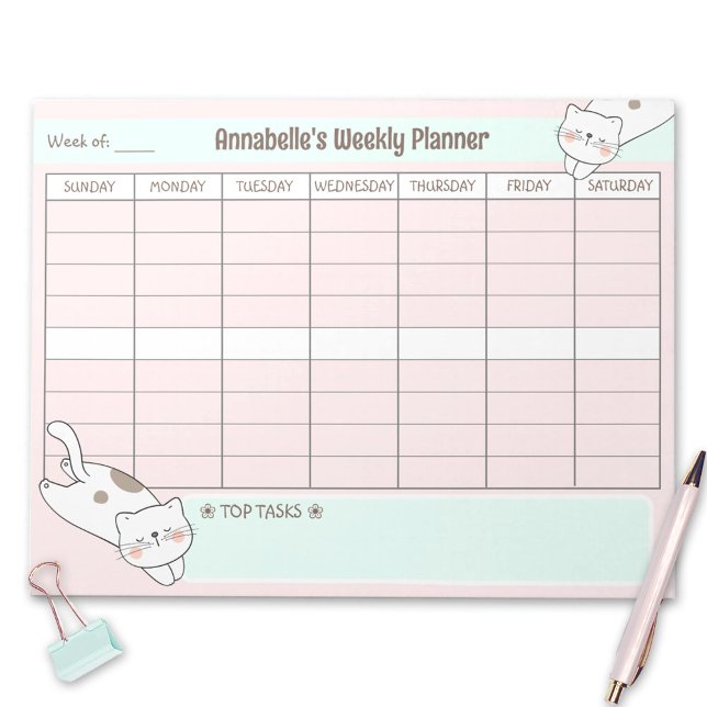 Veckovis plantering av Rosa av katt, blå Namn på v Anteckningsblock (Weekly Planner Cute Cat Pink Blue Name Tear Away Notepad)