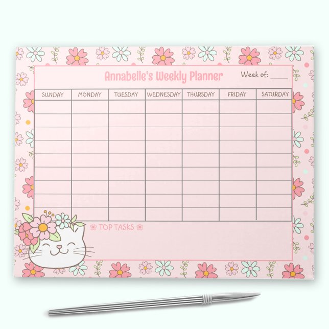 Veckovis plantering av Rosa av katt  Blommigt Namn Anteckningsblock (Weekly Planner Cute Cat Pink Floral Name Tear Away Notepad)