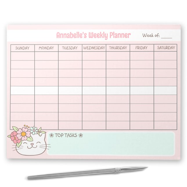 Veckovis plantering Cute Cat Rosa Namn Tear Away Anteckningsblock (Weekly Planner Cute Cat Pink Name Tear Away Notepad)