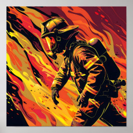 Vector Firefighter med flambakgrund Poster