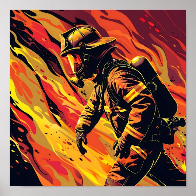 Vector Firefighter med flambakgrund Poster (Framsidan)
