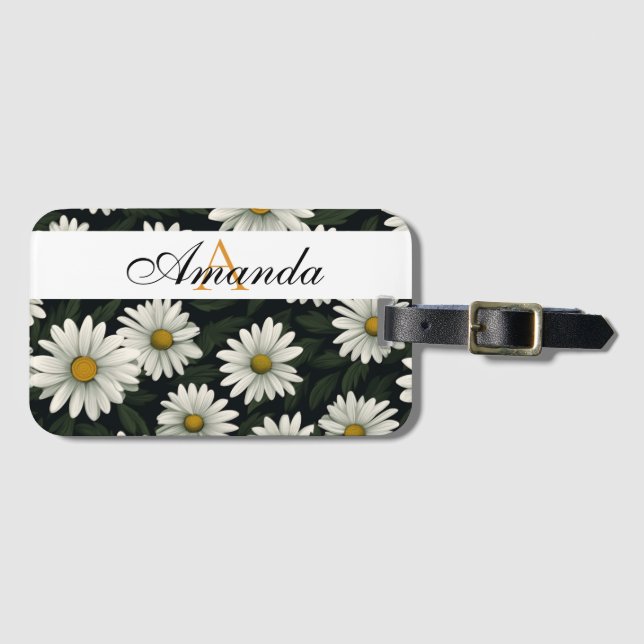 Vector White Daisy Sömlös Mönster Monogram Bagagebricka (Framsida horisontal)