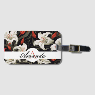 Vector White & Red Leafy Lily Mönster Monogram Bagagebricka