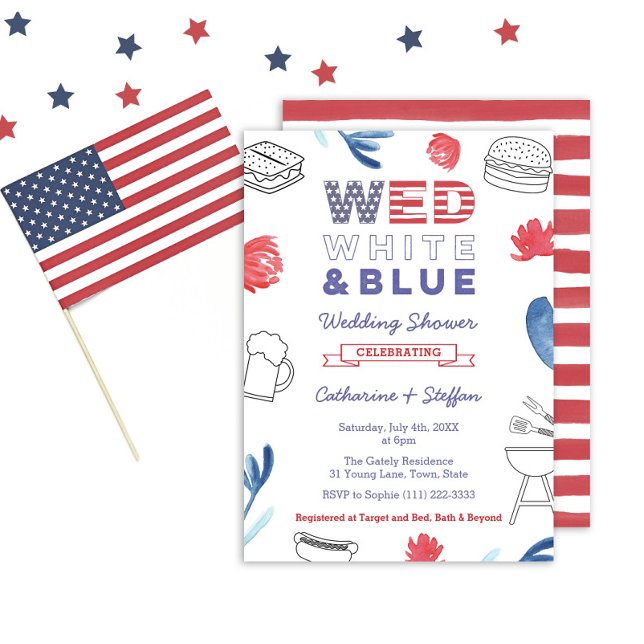 Ved White BBQ Par Shower Rehearsal Middag Inbjudningar (A Wed White And Blue BBQ Couples Wedding Shower Invitation)