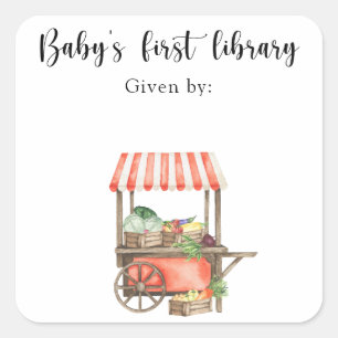 Veg baby shower bokmärke - barnets första bibliote fyrkantigt klistermärke