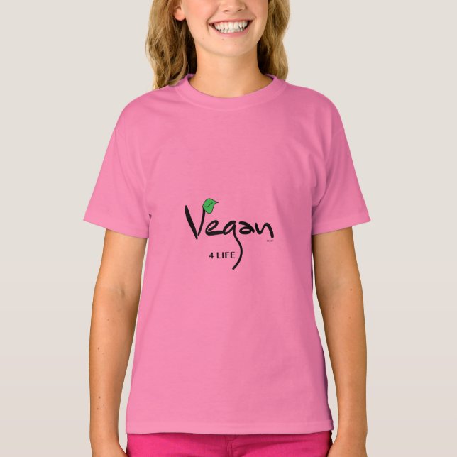 Vegan 4 Liv med Grönt Löv Rosa T-shirt (Framsida)