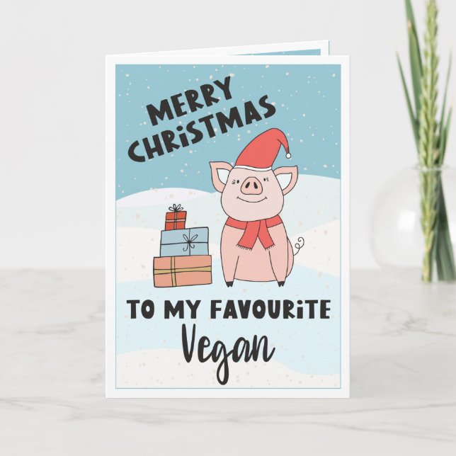 Vegan god jul med söta grisar och gåvor kort (Framsida)