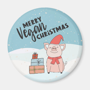 Vegan-jul med tecknad smågris och presenter magnet