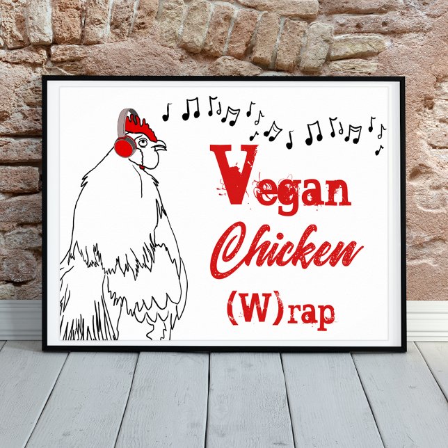 Vegan-kyckling W har roligt musik Citote Tupp Poster (Funny rooster rap music joke. Simple farm chicken line art with musica notes vegan joke)