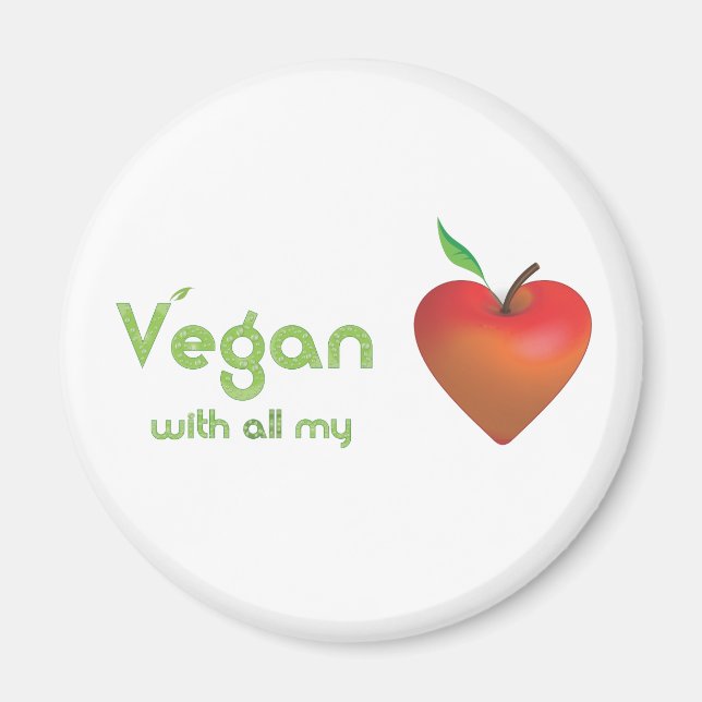 Vegan med hela mitt hjärta (rödäppelhjärta) magnet (Framsidan)