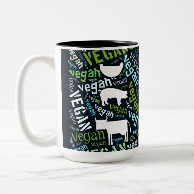 "Vegan" Ord-Moln - gris, höna & ko med Två-Tonad Mugg (Vänster)