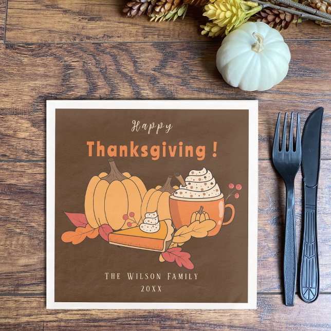 Vegan Thanksgiving Brown Pappersservett (Vegan Thanksgiving dinner brown paper napkins personalized with last name and date .)