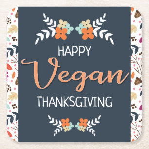 Vegan-Thanksgivingens blå blommigt med orange Underlägg Papper Kvadrat